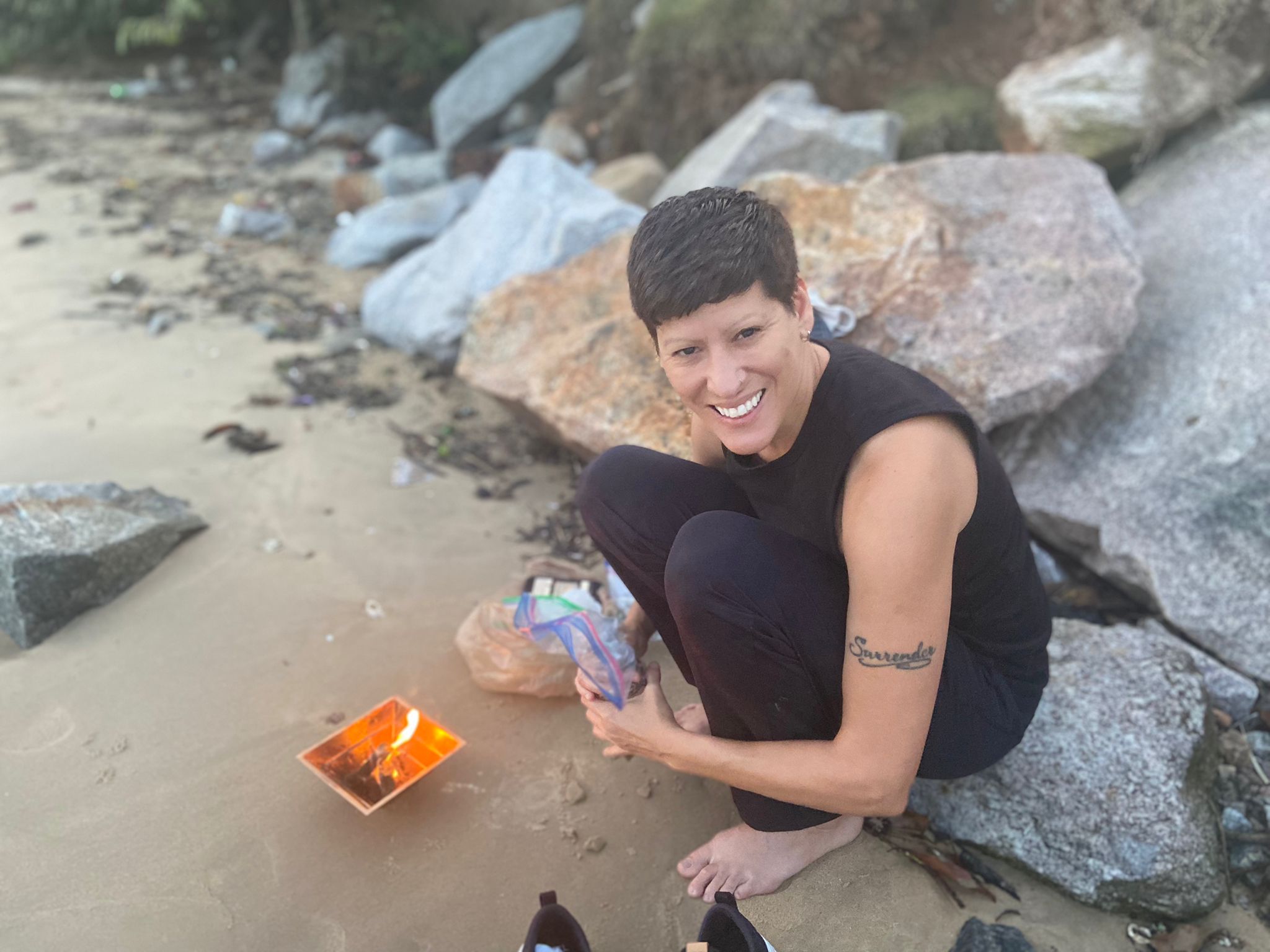 Mary Lee Weir - performing Agnihotra in Florianópolis Brazil, September 2021.